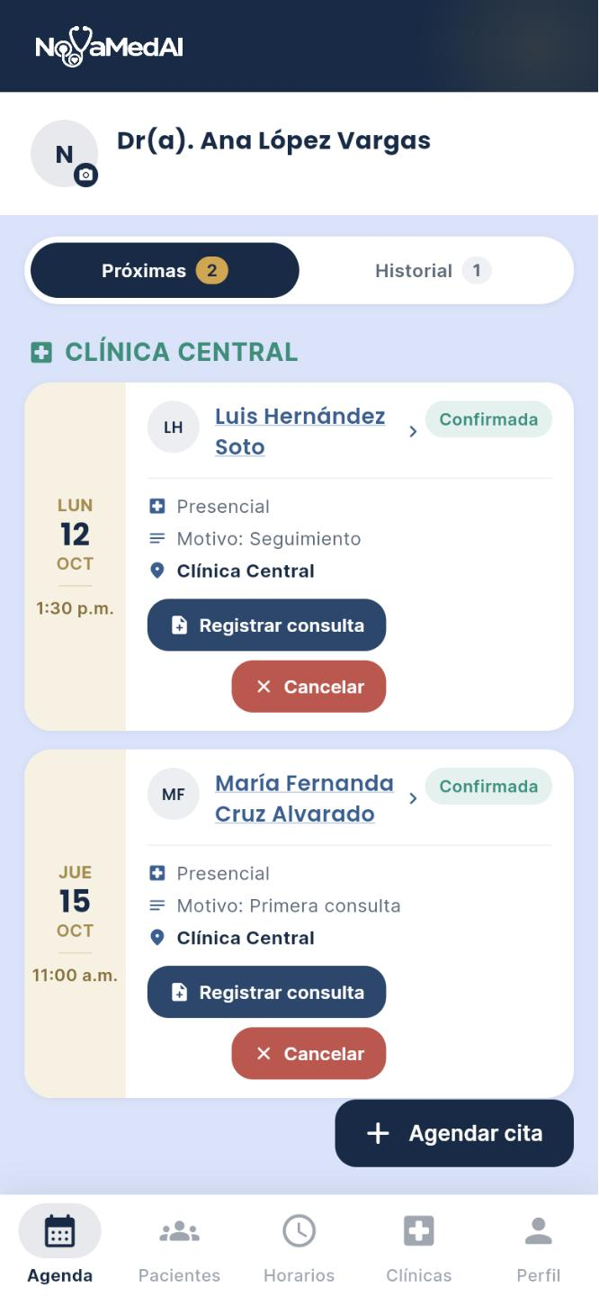 Pantalla de la agenda de citas de NovaMed AI